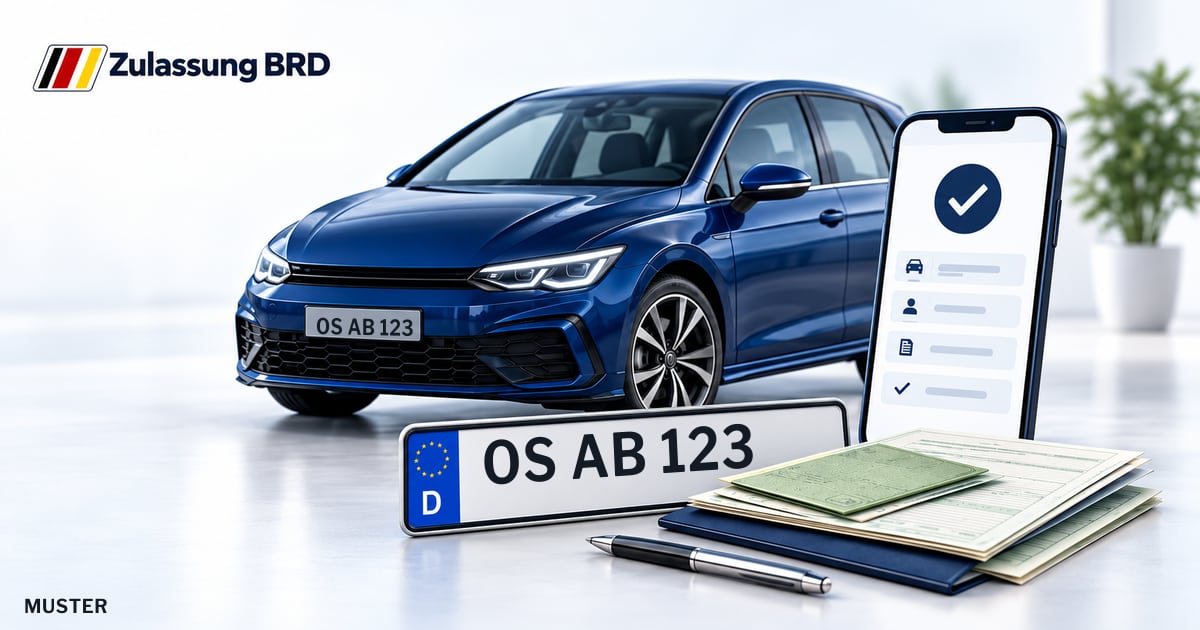 Online Fahrzeugzulassung in Landkreis Osnabrück: Musterkennzeichen OS AB 123, Auto und Fahrzeugpapiere und Smartphone. Illustration mit Logo von Zulassung BRD.